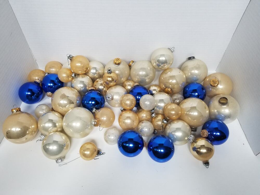Lot of 48 Glass Ball Ornaments Blue Champagne Gold Pearl White